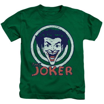 Kelly green kid's t-shirt for ages 4 to 7 with Joker Joke Target graphic
