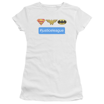 White juniors t-shirt with Justice League DC Comics Hashtag Jla graphic