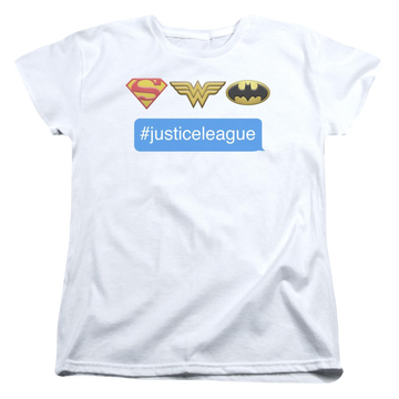 White women's t-shirt with Justice League DC Comics Hashtag Jla graphic