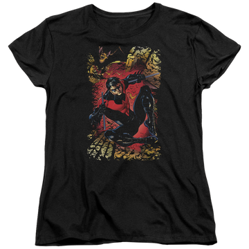 Black women's t-shirt with Justice League Nightwing #1 graphic