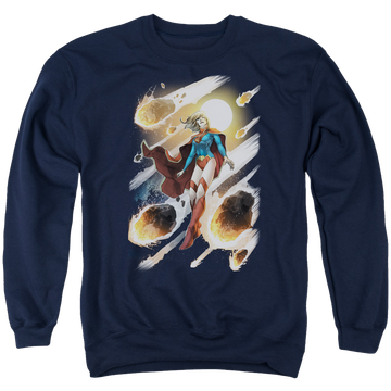 Navy men's crewneck sweatshirt with Superman Justice League Supergirl #1 graphic