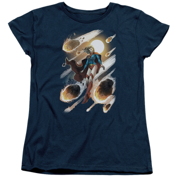 Navy women's t-shirt with Superman Justice League Supergirl #1 graphic