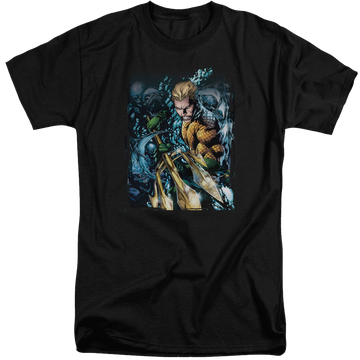 Black men's tall fit t-shirt with Aquaman #1 graphic