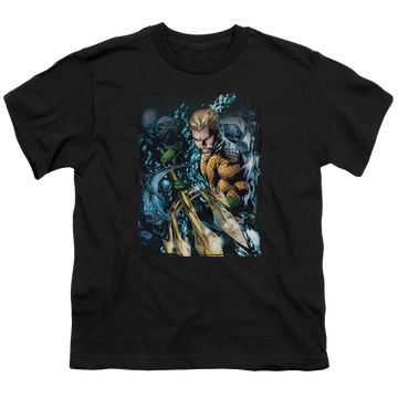 Black youth t-shirt for ages 8 to 12 with Aquaman #1 graphic