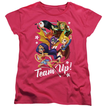 Hot pink women's t-shirt with DC Comics Dc Super Hero Girls Team Up graphic