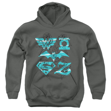 Charcoal youth hoodie for ages 8 to 12 with DC Comics Dc Super Hero Girls Line Art Group graphic