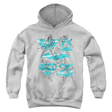 Athletic heather youth hoodie for ages 8 to 12 with DC Comics Dc Super Hero Girls Line Art Group graphic