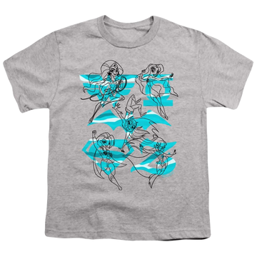 Athletic heather youth t-shirt for ages 8 to 12 with DC Comics Dc Super Hero Girls Line Art Group graphic