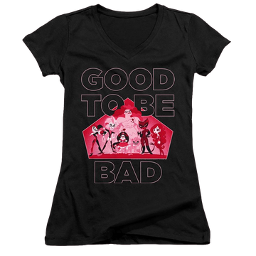 Black juniors v-neck t-shirt with DC Comics Dc Super Hero Girls Good To Be Bad graphic