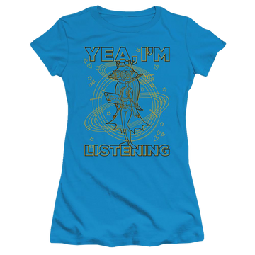 Turquoise juniors t-shirt with DC Comics Dc Super Hero Girls Listening graphic