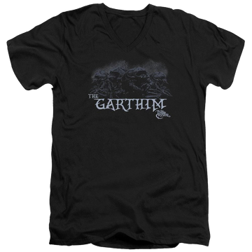 Black men's v-neck t-shirt with Dark Crystal The Garthim graphic