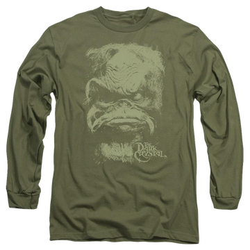 Military green men's long sleeve t-shirt with Dark Crystal Aughra graphic