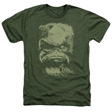 Military green men's heather t-shirt with Dark Crystal Aughra graphic