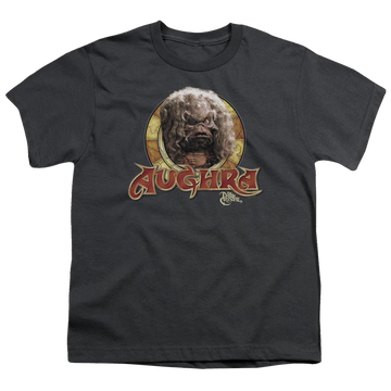 Charcoal youth t-shirt for ages 8 to 12 with Dark Crystal Aughra Circle graphic