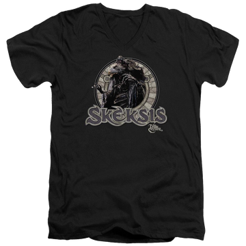 Black men's v-neck t-shirt with Dark Crystal Skeksis graphic