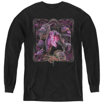 Black youth long sleeve t-shirt with Dark Crystal Lust For Power graphic
