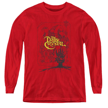 Red youth long sleeve t-shirt with Dark Crystal Poster Lines graphic