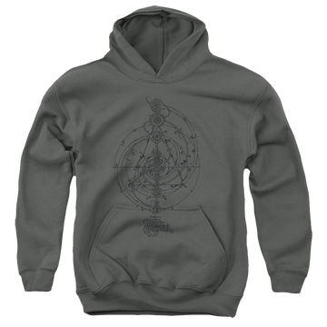 Charcoal youth hoodie for ages 8 to 12 with Dark Crystal Dream Spiral graphic