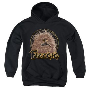 Black youth hoodie for ages 8 to 12 with Dark Crystal Fizzgig graphic