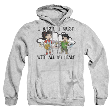 Athletic heather pullover hoodie with Dragon Tales I Wish With All My Heart graphic