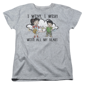 Athletic heather women's t-shirt with Dragon Tales I Wish With All My Heart graphic