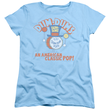 Light blue women's t-shirt with Dum Dums Classic Pop graphic