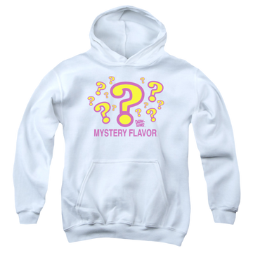 White youth hoodie for ages 8 to 12 with Dum Dums Mystery Flavor graphic