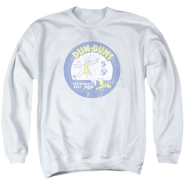 White men's crewneck sweatshirt with Dum Dums Pop Parade graphic