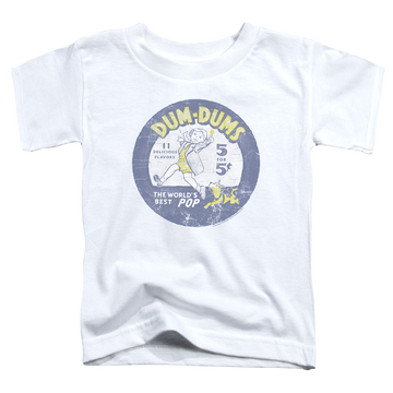 White kid's t-shirt for ages 4 to 7 with Dum Dums Pop Parade graphic