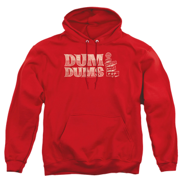 Red pullover hoodie with Dum Dums World's Best graphic