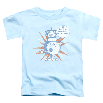 Light blue kid's t-shirt for ages 4 to 7 with Dum Dums Drum Man graphic
