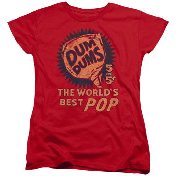 Red women's t-shirt with Dum Dums 5 For 5 graphic