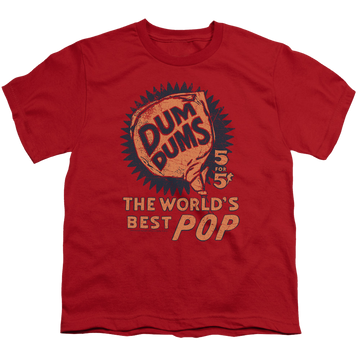 Red youth t-shirt for ages 8 to 12 with Dum Dums 5 For 5 graphic