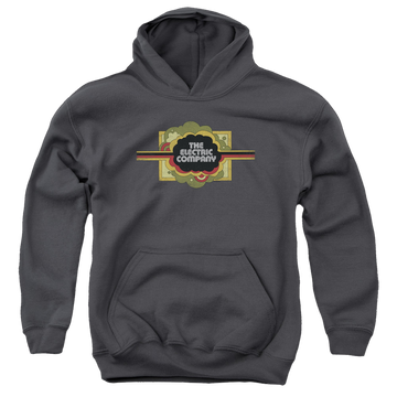 Charcoal youth hoodie for ages 8 to 12 with Electric Company Logo graphic