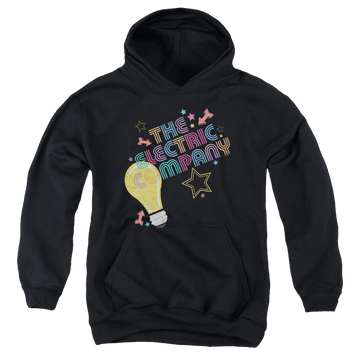 Black youth hoodie for ages 8 to 12 with Electric Company Electric Light graphic