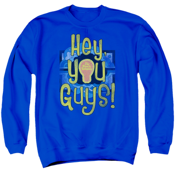Royal men's crewneck sweatshirt with Electric Company Hey You Guys graphic