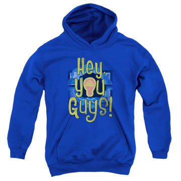 Royal youth hoodie for ages 8 to 12 with Electric Company Hey You Guys graphic