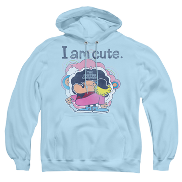 Light blue pullover hoodie with Electric Company I Am Cute graphic