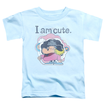 Light blue kid's t-shirt for ages 4 to 7 with Electric Company I Am Cute graphic