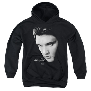 Black youth hoodie for ages 8 to 12 with Elvis Presley Face graphic