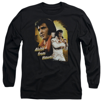 Black men's long sleeve t-shirt with Elvis Presley Aloha graphic