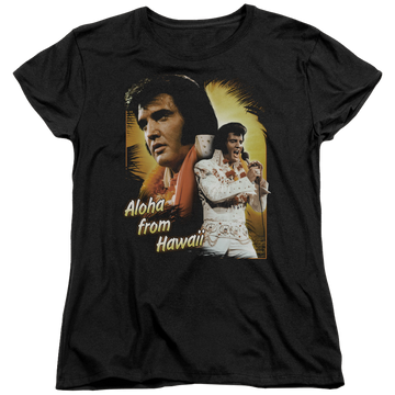 Black women's t-shirt with Elvis Presley Aloha graphic