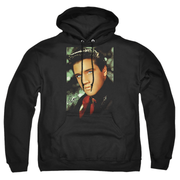 Black pullover hoodie with Elvis Presley Red Scarf graphic