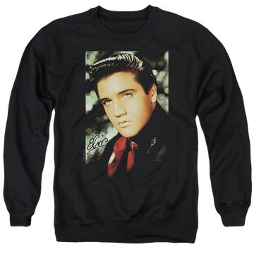 Black men's crewneck sweatshirt with Elvis Presley Red Scarf graphic