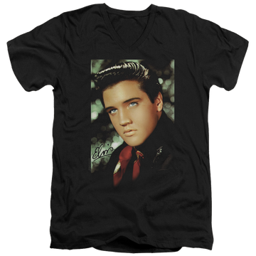 Black men's v-neck t-shirt with Elvis Presley Red Scarf graphic