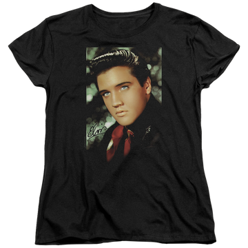 Black women's t-shirt with Elvis Presley Red Scarf graphic