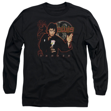 Black men's long sleeve t-shirt with Elvis Presley Karate graphic