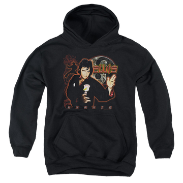 Black youth hoodie for ages 8 to 12 with Elvis Presley Karate graphic