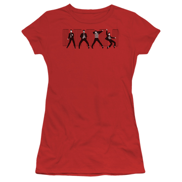 Red juniors t-shirt with Elvis Presley Jailhouse Rock graphic