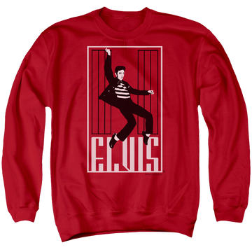 Red men's crewneck sweatshirt with Elvis Presley One Jailhouse graphic